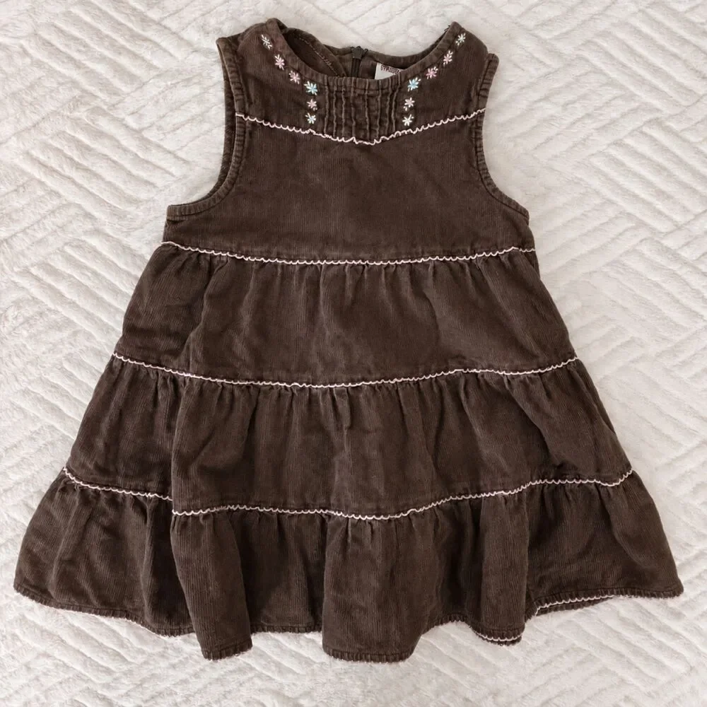 Gymboree Girls Size 2T Brown Corduroy Floral Embroidered Tiered Dress Y2K Bow